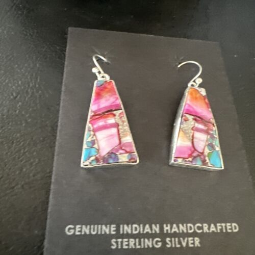 Navajo Blue Turquoise Purple Spiny Oyster Inlay Dangle Earrings | Sterling Silver | 15563
