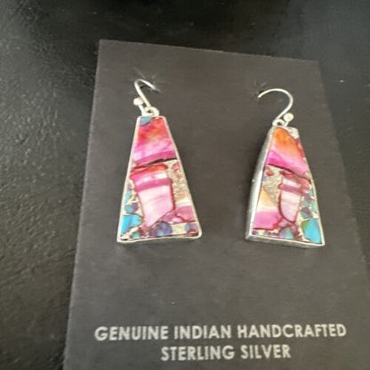 Navajo Blue Turquoise Purple Spiny Oyster Inlay Dangle Earrings | Sterling Silver | 15563