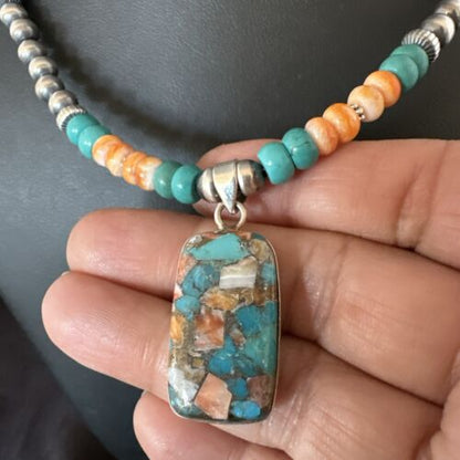 Navajo Spiny Turquoise Pendant Necklace | Sterling Silver | 21" | Authentic Native American Handmade | 17515