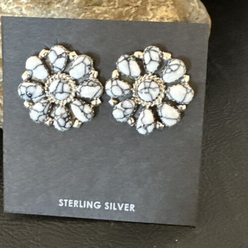 Women's Cluster White Buffalo Turquoise Earrings | Navajo Sterling Silver | Authentic Native American Handmade | 16343