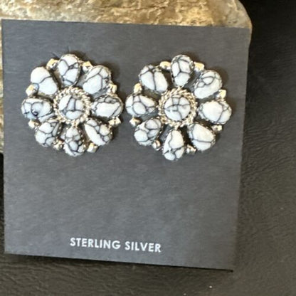 Women's Cluster White Buffalo Turquoise Earrings | Navajo Sterling Silver | Authentic Native American Handmade | 16343