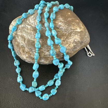 Navajo Blue Nugget Turquoise Necklace | 2 Strand | Sterling Silver | 20" | Authentic Native American Handmade | 15342
