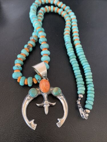 Navajo Pearls Necklace with Blue Turquoise & Spiny Oyster Naja Pendant | Sterling Silver | 10261