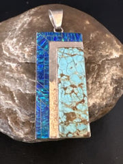 Men's Women's Blue #8 Turquoise Opal Inlay Pendant | Navajo Sterling Silver | 15198