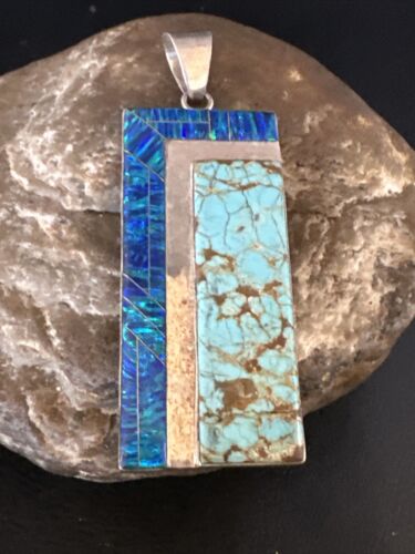 Men's Women's Blue #8 Turquoise Opal Inlay Pendant | Navajo Sterling Silver | 15198