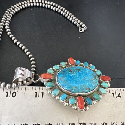 Navajo Red Spiny oyster | Blue Turquoise Pendant Necklace | Sterling Silver | Multi-Stone | 17148