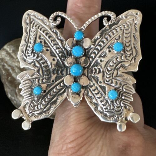 Navajo Turquoise Butterfly Ring | Authentic Native American Sterling Silver | Multi-Stone | Sz 8 | 16170 - Masha USA