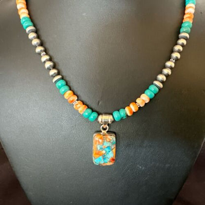 Navajo Spiny Turquoise Pendant Necklace | Sterling Silver | 22" | Authentic Native American Handmade | 17430
