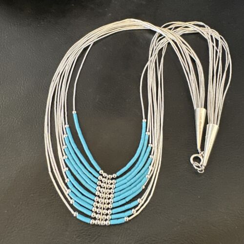Navajo Blue Turquoise Necklace | 10-Strand | Sterling Liquid Silver Tube Heishi | 22" | 16449