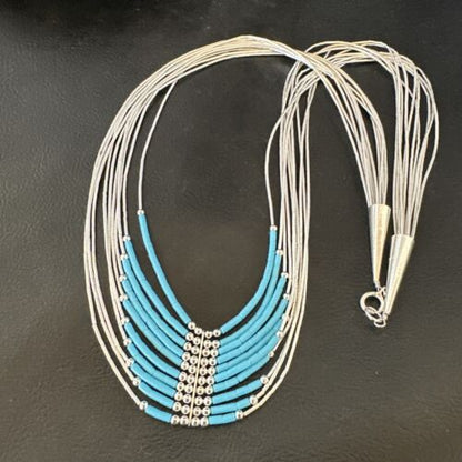 Navajo Blue Turquoise Necklace | 10-Strand | Sterling Liquid Silver Tube Heishi | 22" | 16449
