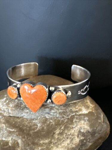 Navajo Orange Spiny Oyster Heart Cuff Bracelet | Sterling Silver | Authentic Native American Handmade | 15349