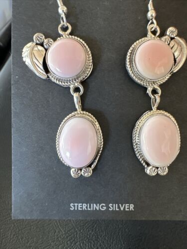 Navajo Pink Conch Shell Dangle Earrings | Sterling Silver | Authentic Native American Handmade | 17198