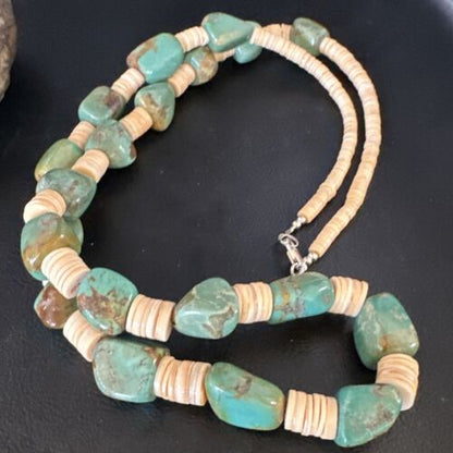 Santo Domingo Green Nugget Turquoise Necklace | Sterling Silver | 30" | Authentic Native American Handmade | 15291 - Masha USA
