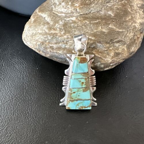 Navajo Blue #8 Turquoise Inlay Pendant | Sterling Silver | 2" | Authentic Native American Handmade | 15682
