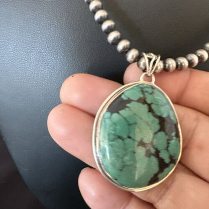 Men's Navajo Blue Spiderweb Turquoise Pendant Necklace | Sterling Silver | Native American Handmade | 16272