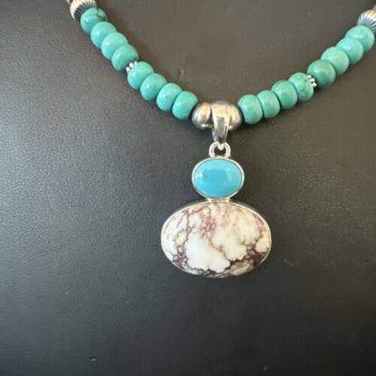 Navajo Wild Horse | Blue Kingman Turquoise Pendant Necklace | Sterling Silver | Native American Handmade | 17572