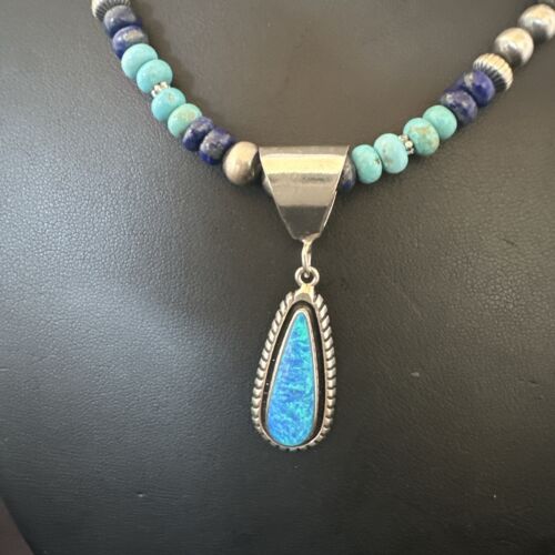 Navajo Opal Inlay Pendant with Turquoise & Lapis | Sterling Silver Necklace | Authentic Native American Handmade | 16848
