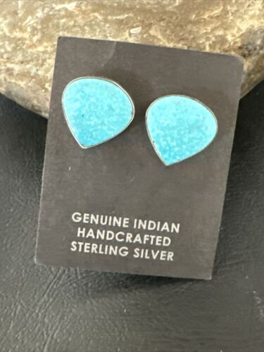 Navajo Blue Kingman Turquoise Post Stud Earrings | Sterling Silver | Authentic Native American Handmade | 17407