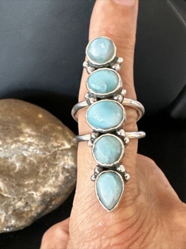 Navajo Women's Cluster Blue Larimar Ring | Authentic Native American Sterling Silver | Multi-Stone | Sz 8.5 | 15940