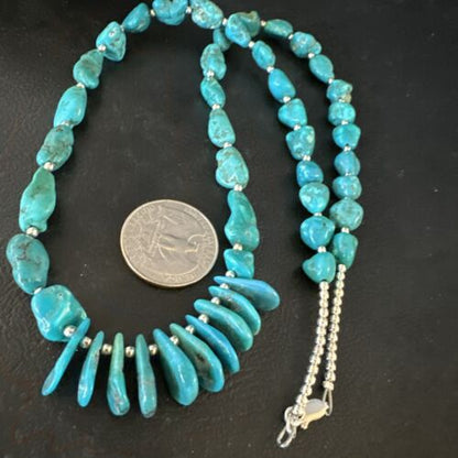 Navajo Blue Kingman Nugget Turquoise Necklace | Sterling Silver | 22" | Authentic Native American Handmade | 15534