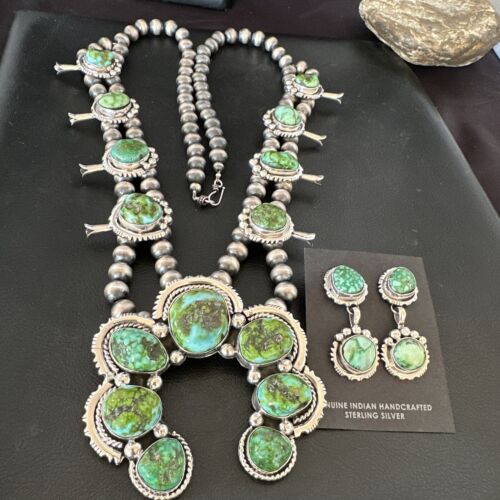 Navajo Ultra Rare Green Sonoran Gold Turquoise Squash Blossom Necklace Set | Sterling Silver | 17208