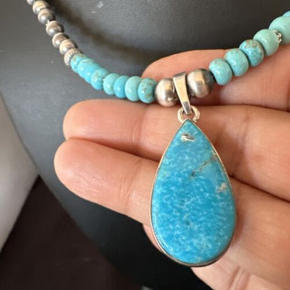Navajo Pearls Kingman Turquoise Necklace | Sterling Silver Pendant | Authentic Native American Handmade | 17125