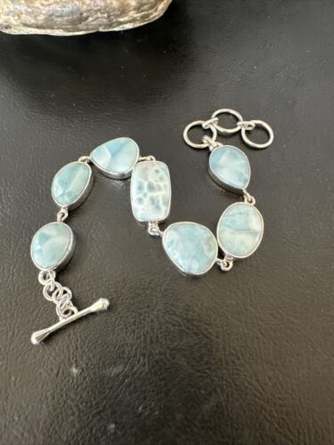 Navajo Blue Larimar Bracelet | Sterling Silver 7 Link | 8" | Authentic Native American Handmade | 16086