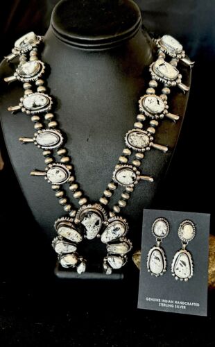 Navajo White Buffalo Turquoise Pendant | Sterling Silver Naja Squash Blossom Necklace | 17442