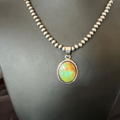 Navajo Green Gaspeite Pendant Necklace | Sterling Silver | Authentic Native American Handmade | 16363