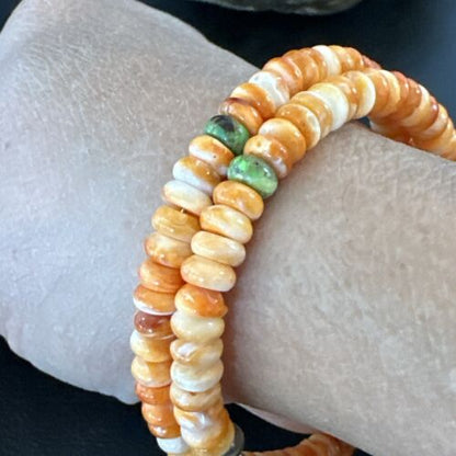 Navajo Orange Spiny Oyster & Green Turquoise Bracelet | 6mm Memory Wire | Authentic Native American Handmade | 17622