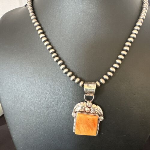 Navajo Orange Spiny Oyster Pendant Necklace | Sterling Silver | 20" | Authentic Native American Handmade | 16141