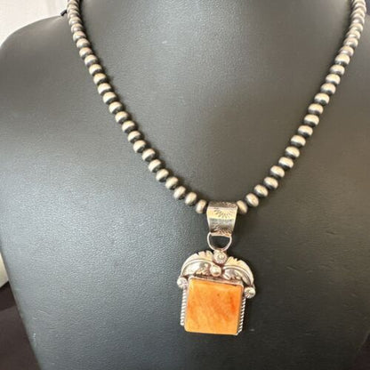 Navajo Orange Spiny Oyster Pendant Necklace | Sterling Silver | 20" | Authentic Native American Handmade | 16141