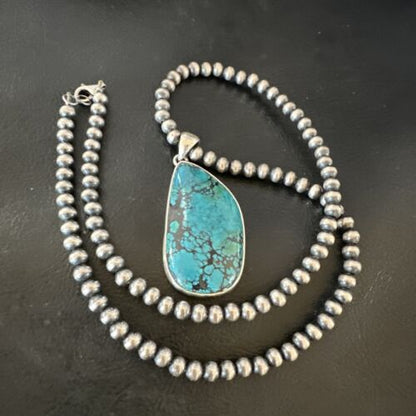 Men's Navajo Blue Spiderweb Turquoise Pendant Necklace | Sterling Silver | Authentic Native American Handmade | 16219