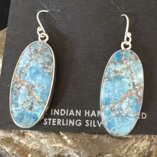 Navajo Blue Turquoise Dangle Earrings | Sterling Silver | Authentic Native American Handmade | 15429