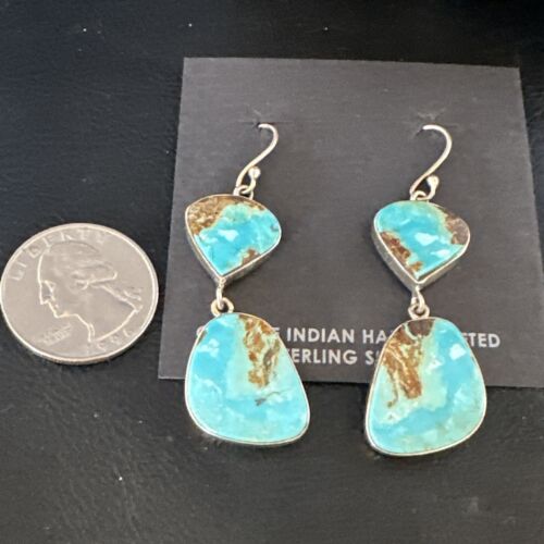 Navajo Blue Kingman Turquoise Dangle Earrings | Sterling Silver | Authentic Native American Handmade | 15113