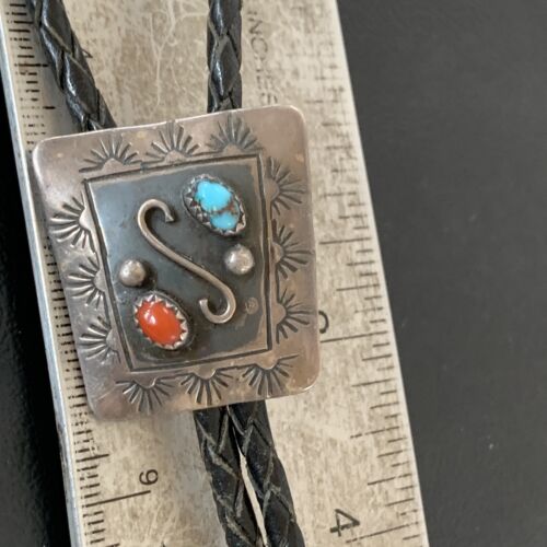 Navajo Turquoise Coral Bolo Tie | Sterling Silver | Authentic Native American Handmade | 02003 Bolo