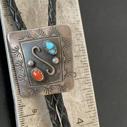 Navajo Turquoise Coral Bolo Tie | Sterling Silver | Authentic Native American Handmade | 02003 Bolo