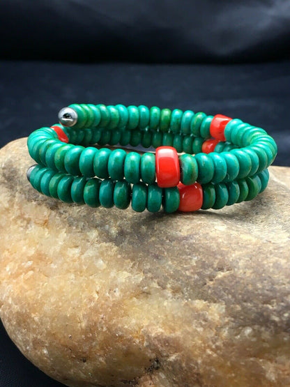 Native American Sterling Silver Bracelet | Coral & Green Turquoise | Handmade Southwestern Jewelry | 1075