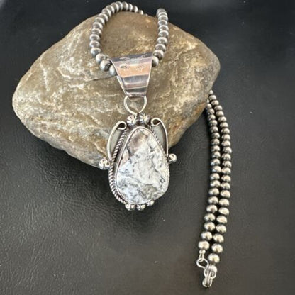 Navajo White Buffalo Turquoise Pendant | Pearl Sterling Silver Necklace | Authentic Native American Handmade | 17043