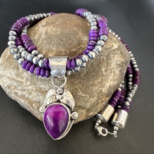 Navajo Sugilite Bead Necklace Set | 3 Strands | Sterling Silver | 21" | Authentic Native American Handmade | 16792