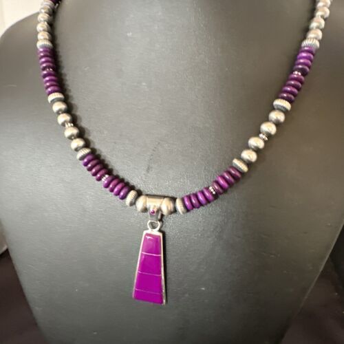 Navajo Purple Sugilite Inlay Pendant Necklace | Sterling Silver | Authentic Native American Handmade | 16763 - Masha USA