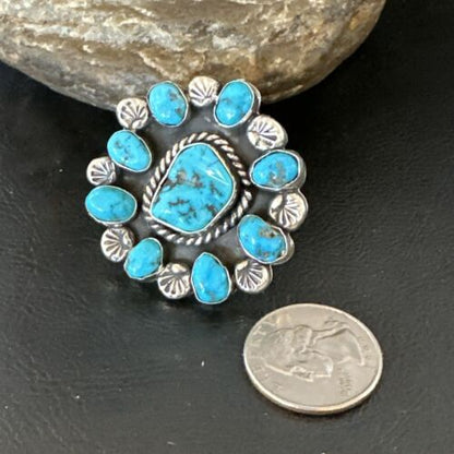 Navajo Blue Kingman Turquoise Cluster Ring | Authentic Native American Sterling Silver | Multi-Stone | Sz 10.5 | 17423