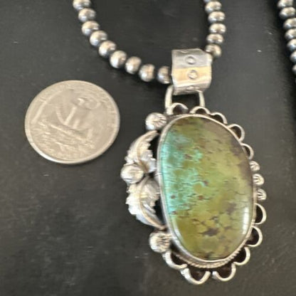 Navajo Green Turquoise Pendant Necklace | Sterling Silver | Authentic Native American Handmade | 15040