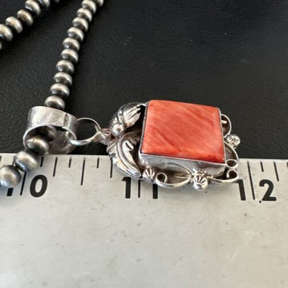 Navajo Red Spiny Oyster Pendant Necklace | Sterling Silver | Authentic Native American Handmade | 16143