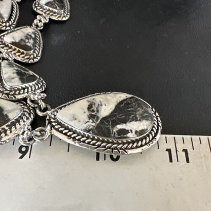 Navajo White Buffalo Turquoise Lariat Necklace | Sterling Silver Earrings | Authentic Native American Handmade | 16267