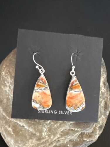 Navajo Blue Turquoise & Orange Spiny Oyster Inlay Dangle Earrings | Sterling Silver | Native American Handmade | 15581