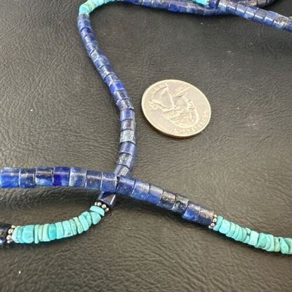Navajo Blue Turquoise Lapis Necklace | Sterling Silver | 22" | Authentic Native American Handmade | 17554
