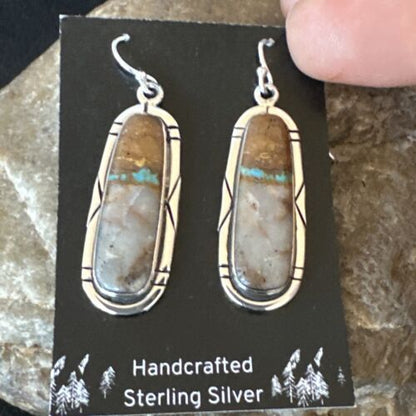Navajo Blue Boulder Turquoise Dangle Earrings | Sterling Silver | Authentic Native American Handmade | 16502
