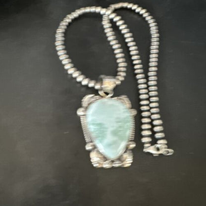 Navajo Blue Larimar Pendant Necklace | Sterling Silver Beads | Authentic Native American Handmade | 15222