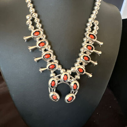 Navajo Red Coral Shadowbox Squash Blossom Necklace | Sterling Silver | 17" | Authentic Native American Handmade | 16116